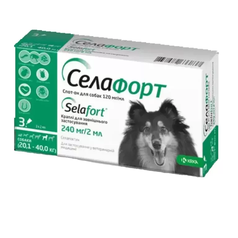 Сілафорт (Selafort) для собак 20-40 кілограмів проти кліщів,блох і глистів 1 піпетка KRKA, Словенія