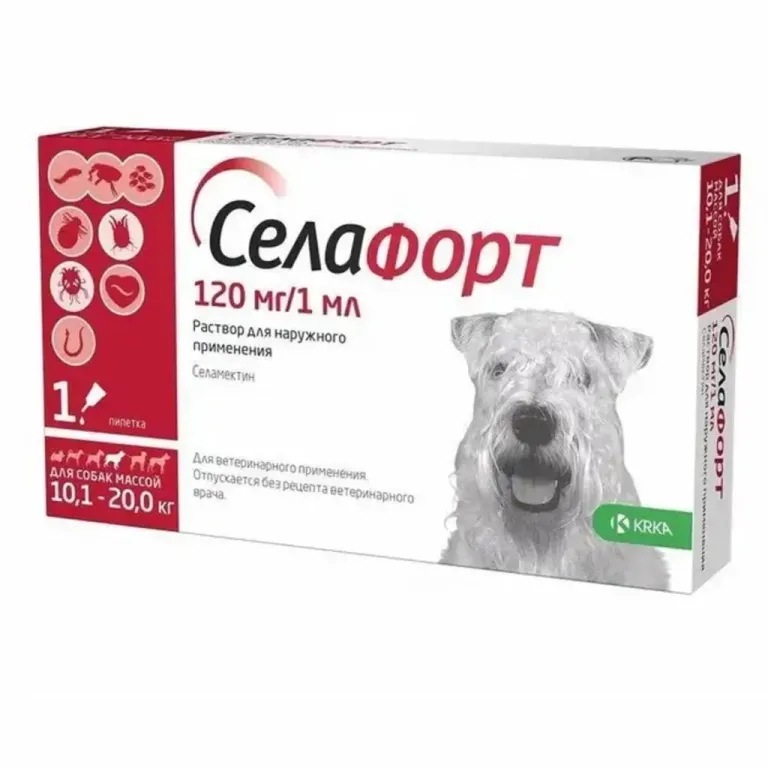 Сілафорт (Selafort) для собак 10-20 кілограмів проти кліщів,блох і глистів 1 піпетка KRKA, Словенія