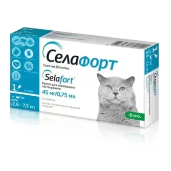 Селафорт (Selafort) для кішок 2.6-7.5кг проти кліщів, блох і глистів 1 піпетка KRKA, Словенія